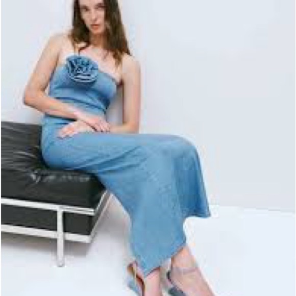 Reformation Blue Ruched Strapless Sheath Dress - Picture 3 of 6